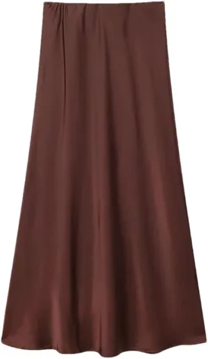 Women's Satin Midi Skirt High Waist with Elastic Waistband Solid Vintage Long Casual Skirts