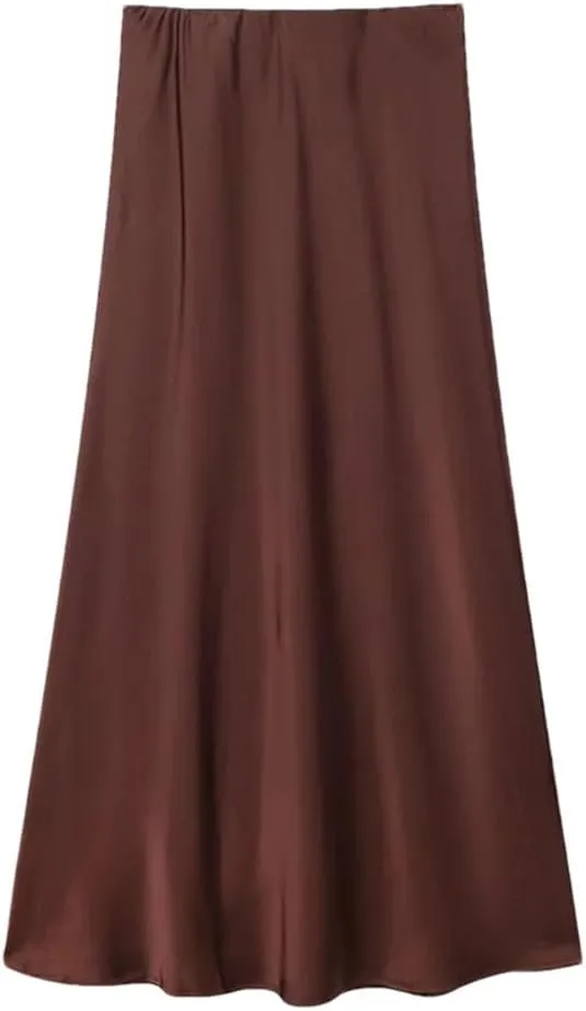 Women's Satin Midi Skirt High Waist with Elastic Waistband Solid Vintage Long Casual Skirts