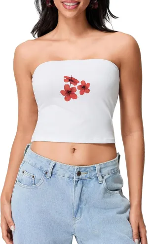 Womens Sexy Cami Tube Top Y2K Slim Fit Summer Floral Print Aesthetic Strapless Bandeau Camisole Casual Crop Tops