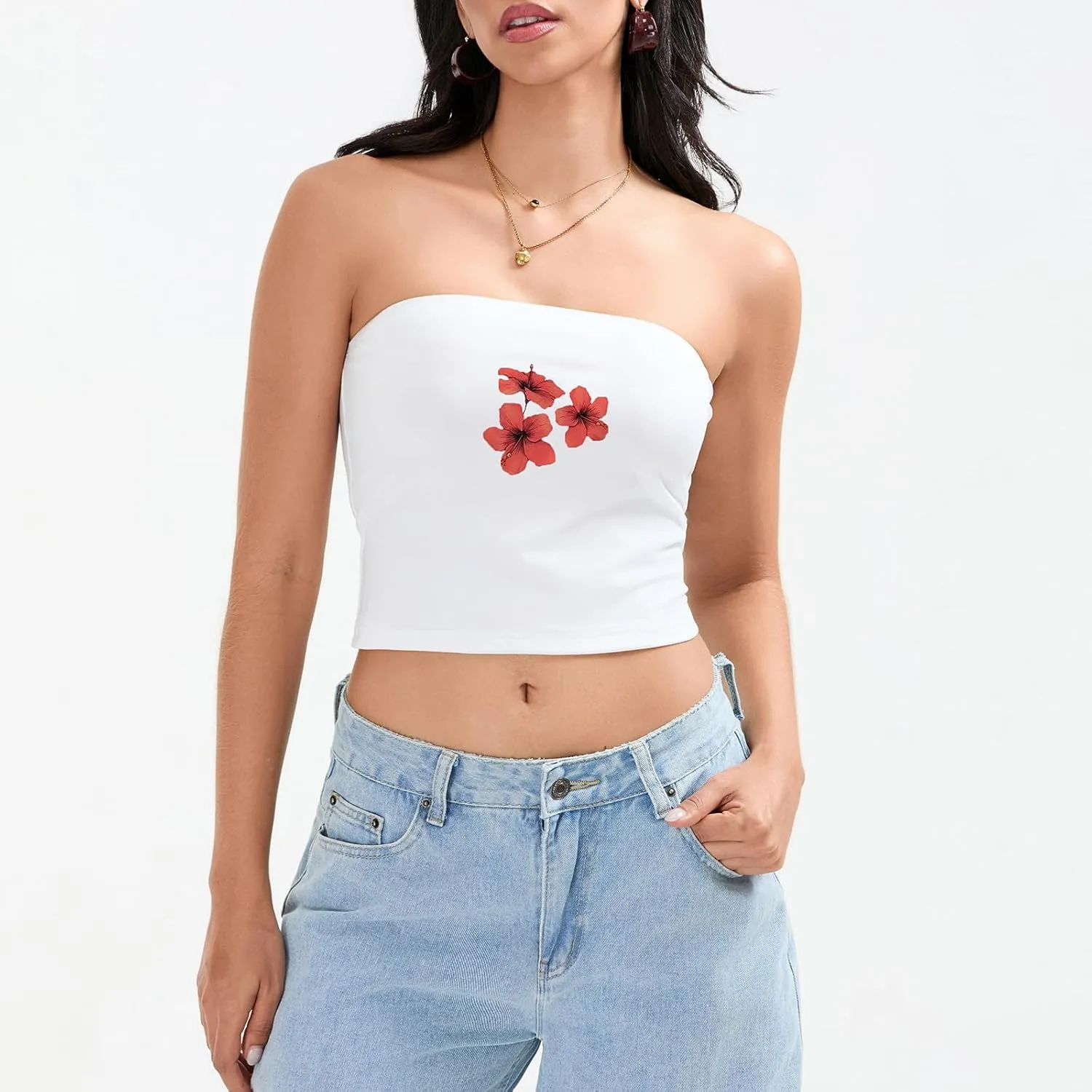 Womens Sexy Cami Tube Top Y2K Slim Fit Summer Floral Print Aesthetic Strapless Bandeau Camisole Casual Crop Tops