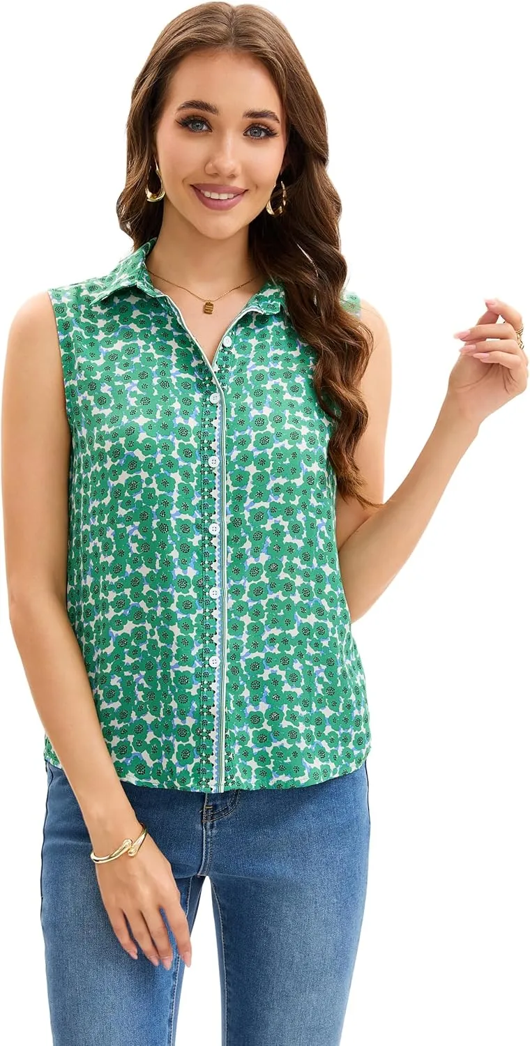 Womens Sleeveless Button Down Shirts Casual Collared Tank Top V Neck Summer Blouses Work Office Chiffon Tops