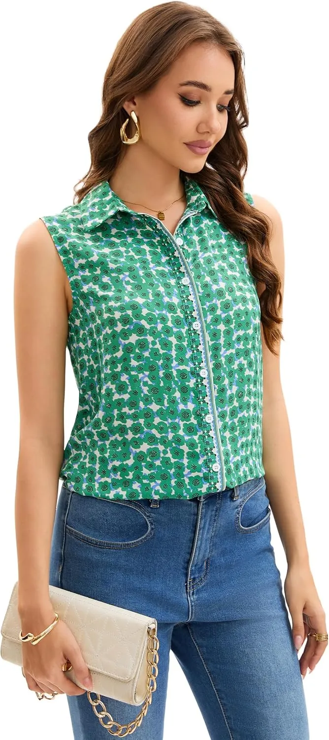 Womens Sleeveless Button Down Shirts Casual Collared Tank Top V Neck Summer Blouses Work Office Chiffon Tops