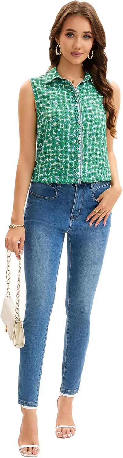 Womens Sleeveless Button Down Shirts Casual Collared Tank Top V Neck Summer Blouses Work Office Chiffon Tops