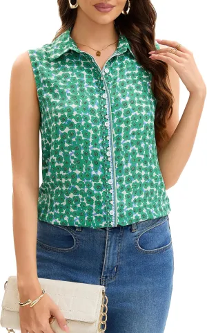 Womens Sleeveless Button Down Shirts Casual Collared Tank Top V Neck Summer Blouses Work Office Chiffon Tops
