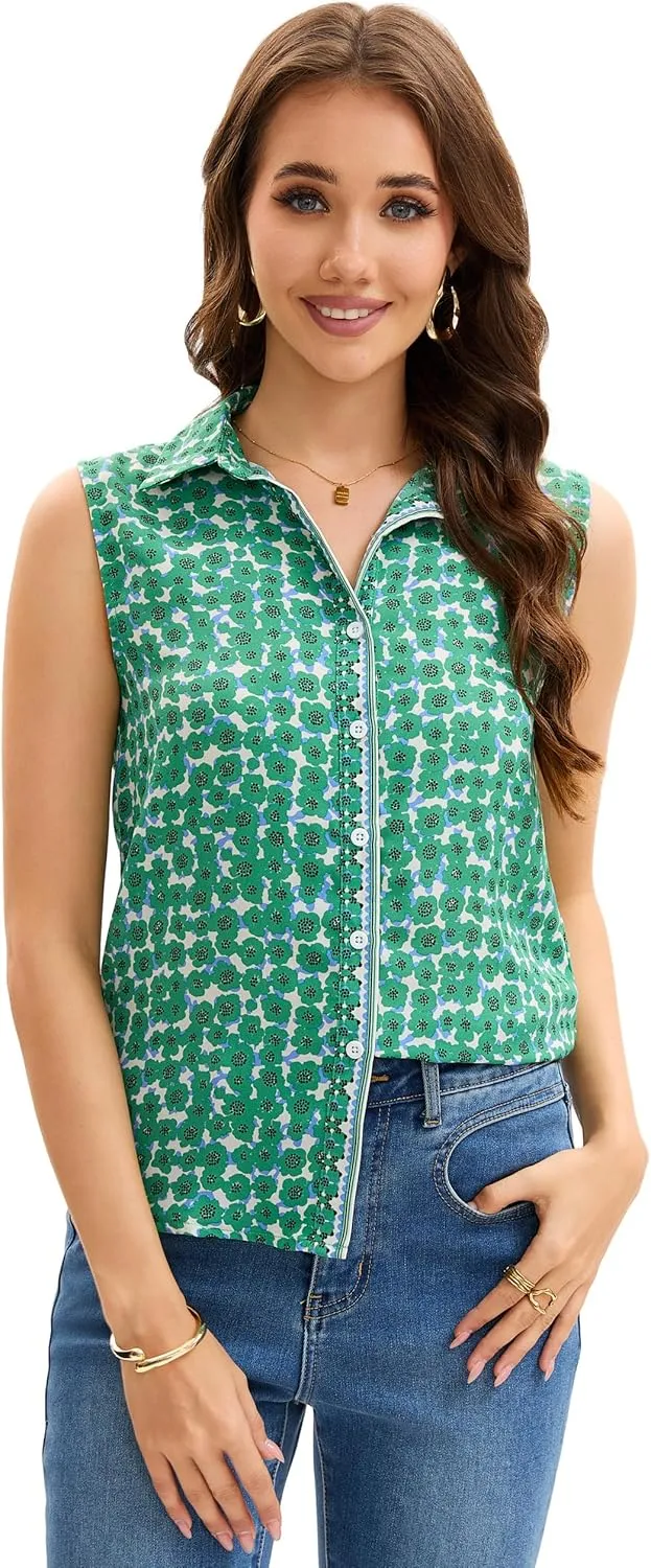 Womens Sleeveless Button Down Shirts Casual Collared Tank Top V Neck Summer Blouses Work Office Chiffon Tops