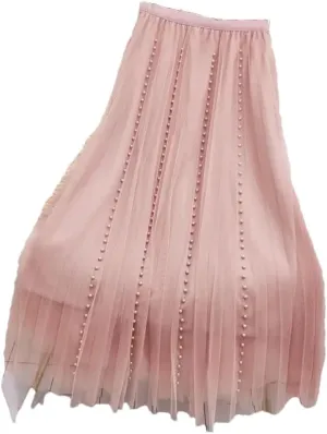 Women's Solid Color Pleated Skirt Slim High Waisted All-Match Lady Casual Mid-Calf Skirt