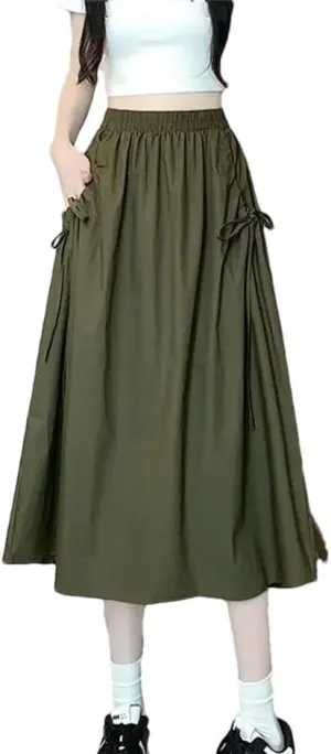 Women's Spring Autumn Fashion Drawstring Skirts High Waist A-Line Elastic Solid Color Midi Skirt