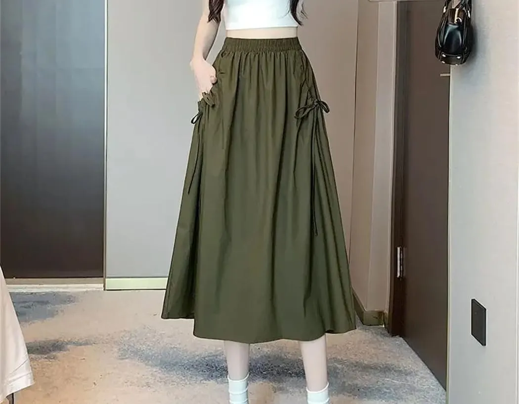 Women's Spring Autumn Fashion Drawstring Skirts High Waist A-Line Elastic Solid Color Midi Skirt