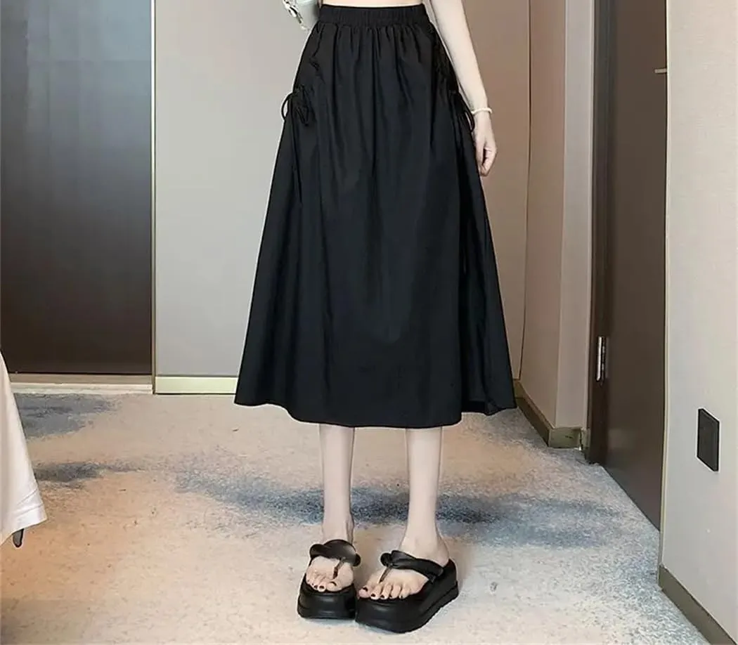 Women's Spring Autumn Fashion Drawstring Skirts High Waist A-Line Elastic Solid Color Midi Skirt