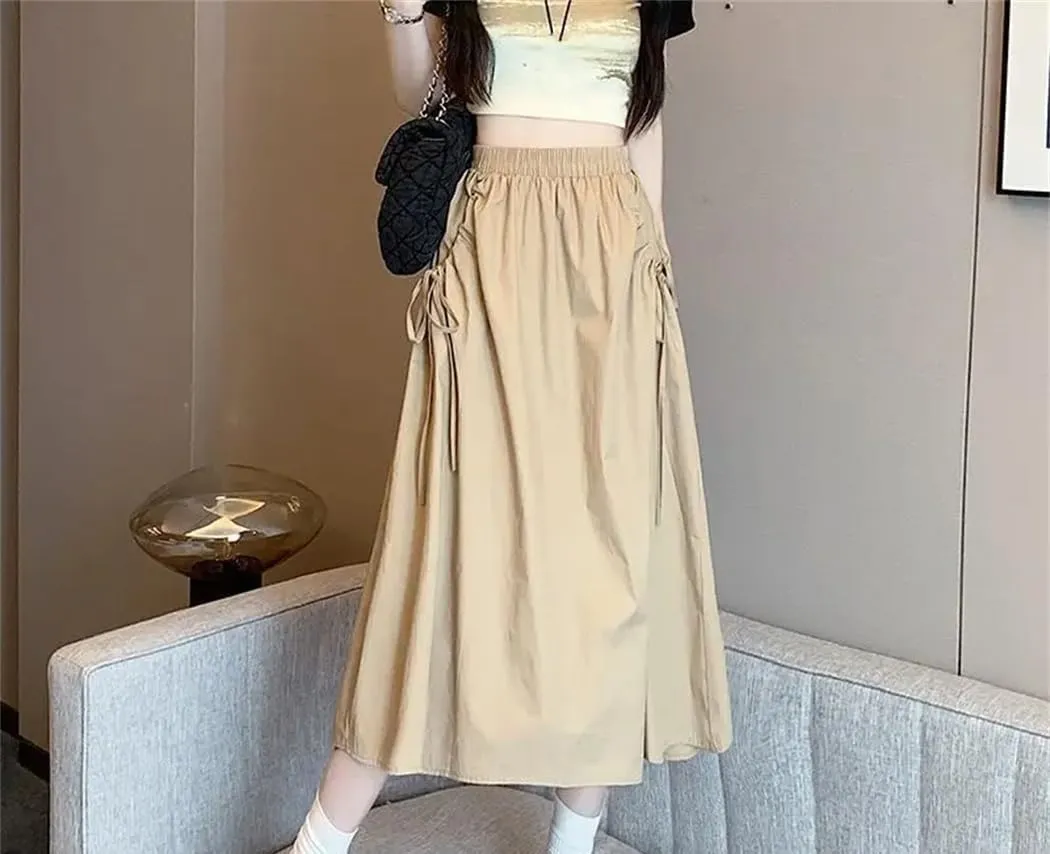 Women's Spring Autumn Fashion Drawstring Skirts High Waist A-Line Elastic Solid Color Midi Skirt