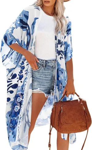 Women's Summer Beach Cover ups Casual Rayon Floral Print Kimonos Loose One size Cardigans for Swimwear