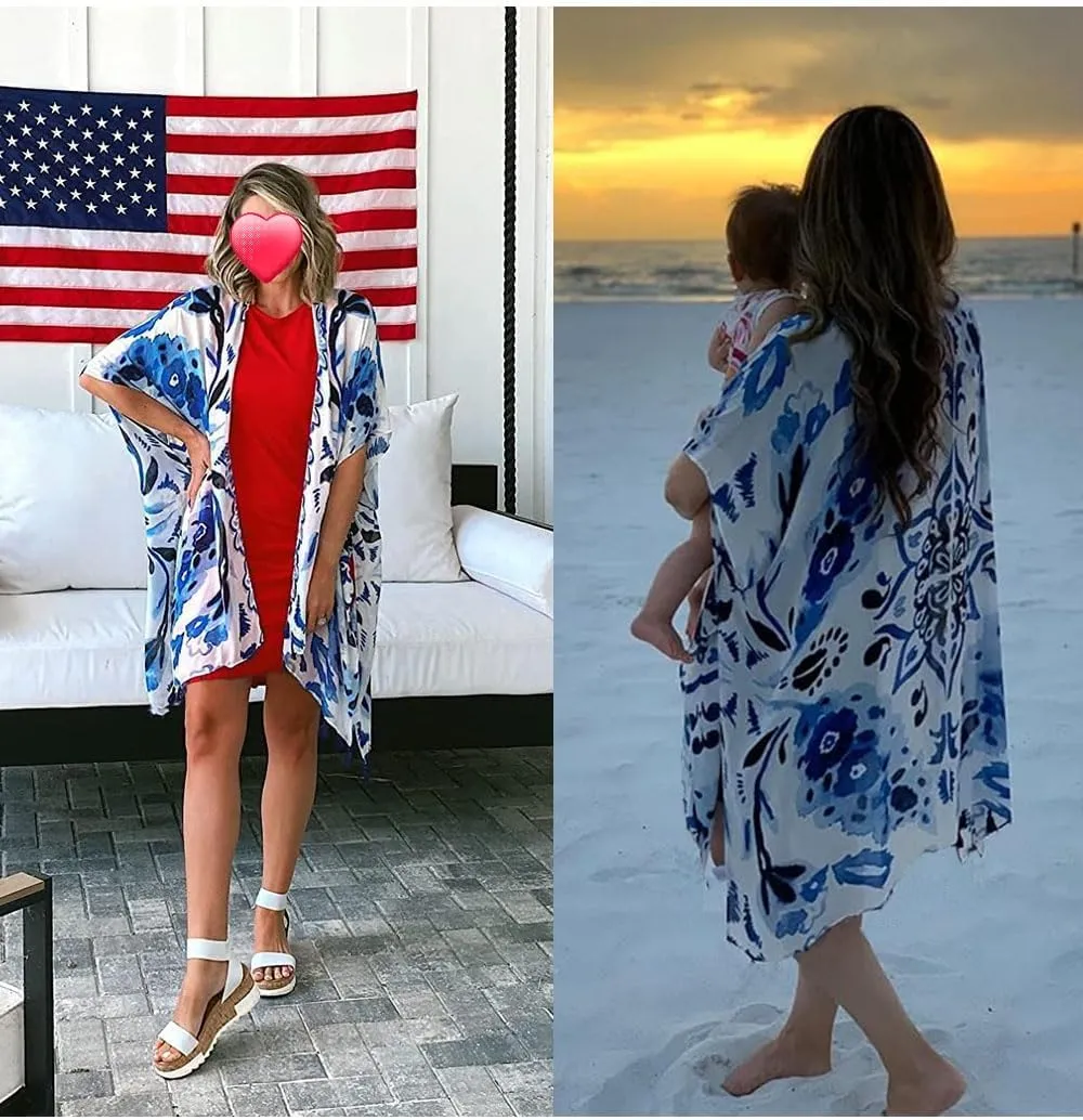 Women's Summer Beach Cover ups Casual Rayon Floral Print Kimonos Loose One size Cardigans for Swimwear