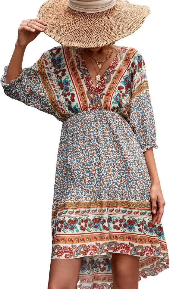 Womens Summer Boho Floral Mini Dresses Casual V-Neck Ruffle Short Sleeves Sexy Backless Bohemian Dress 2022 Apricot