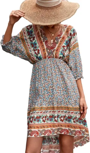 Womens Summer Boho Floral Mini Dresses Casual V-Neck Ruffle Short Sleeves Sexy Backless Bohemian Dress 2022 Apricot