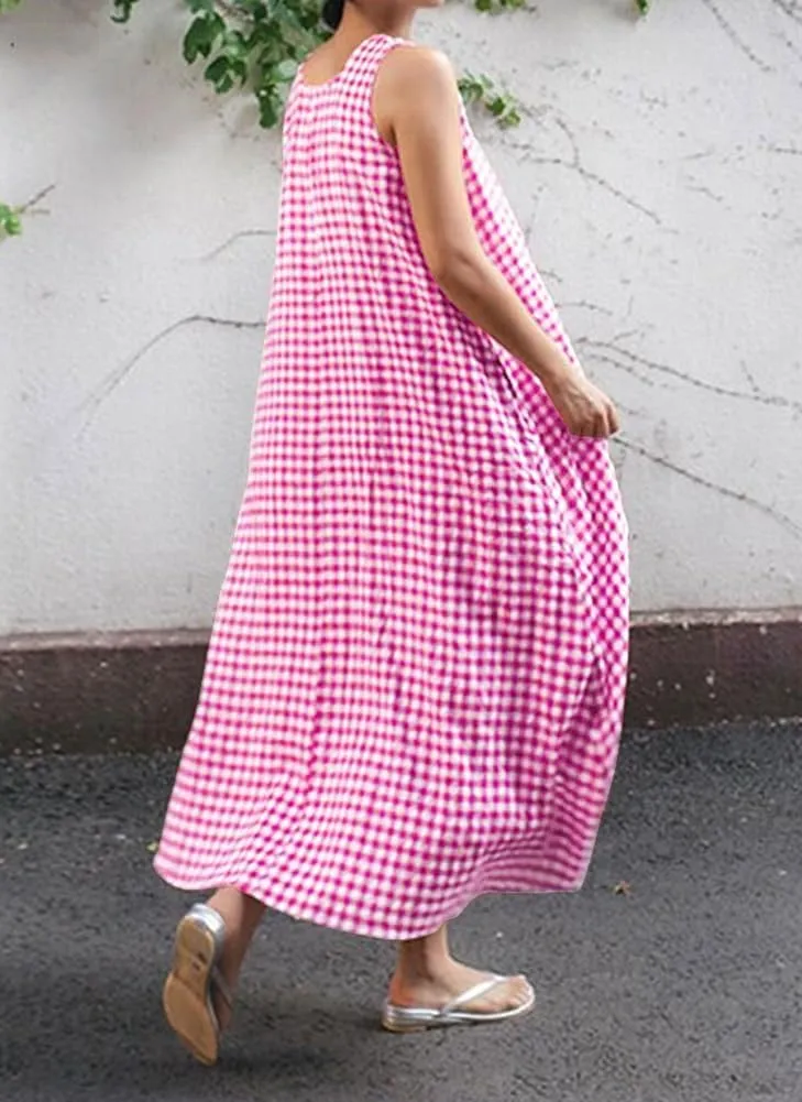 Women's Summer Casual Cotton Linen Plaid Tank Dress Loose Fit U-Neck Maxi Beach Sundress with Pockets