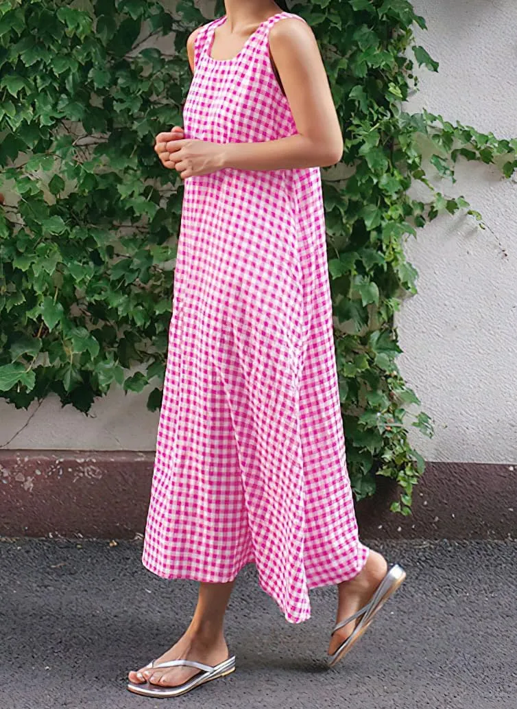 Women's Summer Casual Cotton Linen Plaid Tank Dress Loose Fit U-Neck Maxi Beach Sundress with Pockets