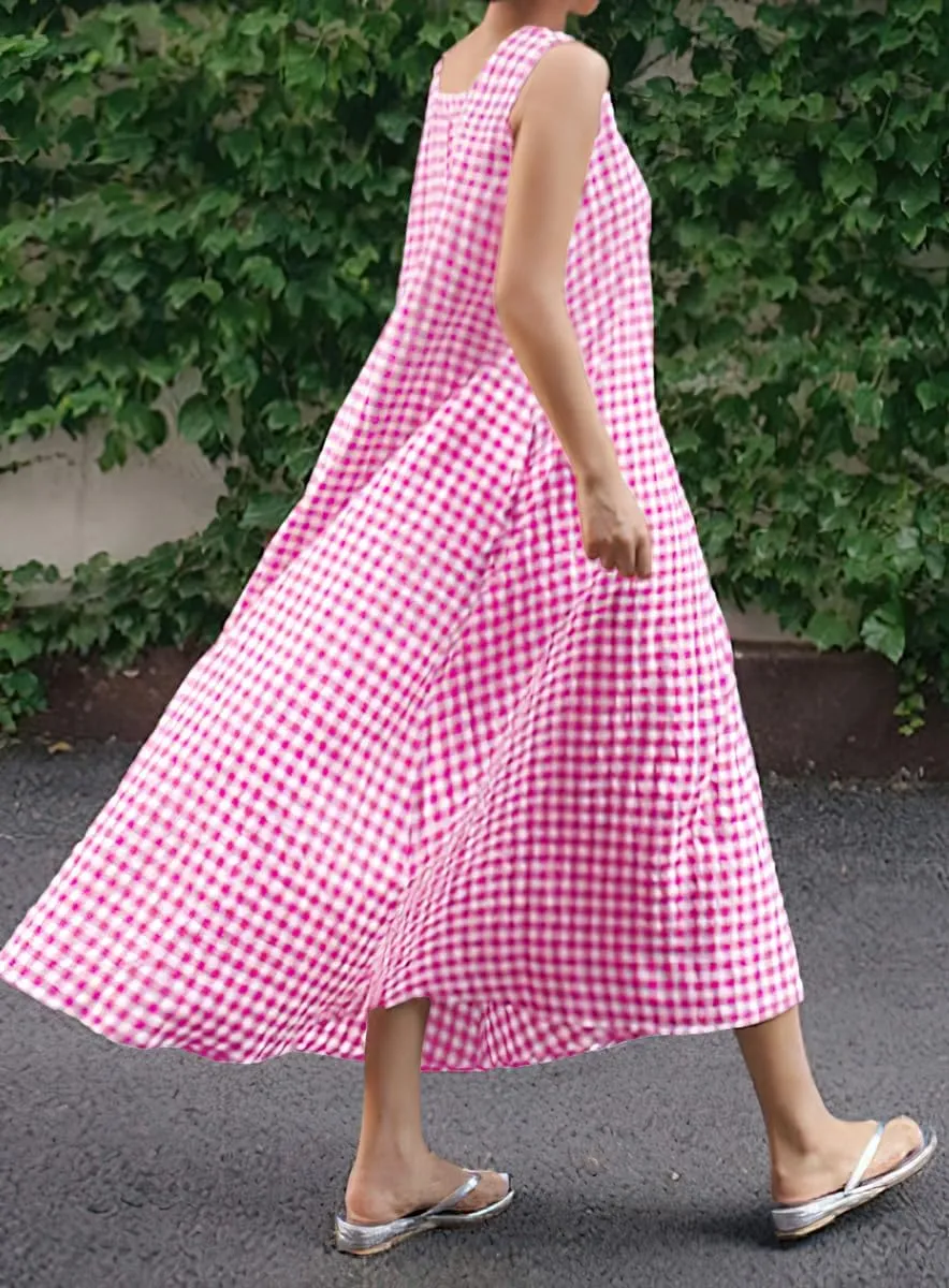 Women's Summer Casual Cotton Linen Plaid Tank Dress Loose Fit U-Neck Maxi Beach Sundress with Pockets