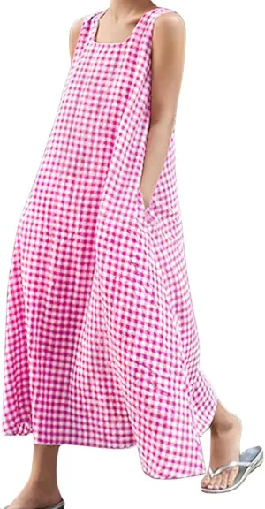 Women's Summer Casual Cotton Linen Plaid Tank Dress Loose Fit U-Neck Maxi Beach Sundress with Pockets