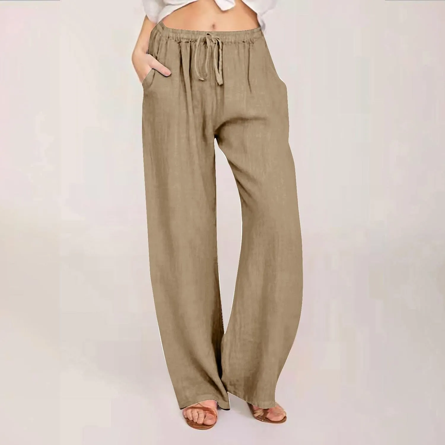 Womens Summer Cotton Pants Dressy Casual High Waisted Drawstring Lounge Trousers Loose Wide Legged Flwoy Beach Pant