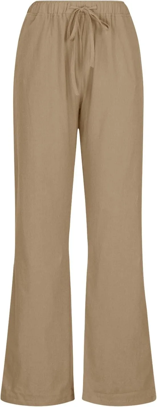 Womens Summer Cotton Pants Dressy Casual High Waisted Drawstring Lounge Trousers Loose Wide Legged Flwoy Beach Pant
