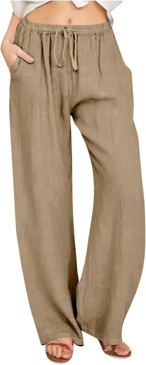 Womens Summer Cotton Pants Dressy Casual High Waisted Drawstring Lounge Trousers Loose Wide Legged Flwoy Beach Pant