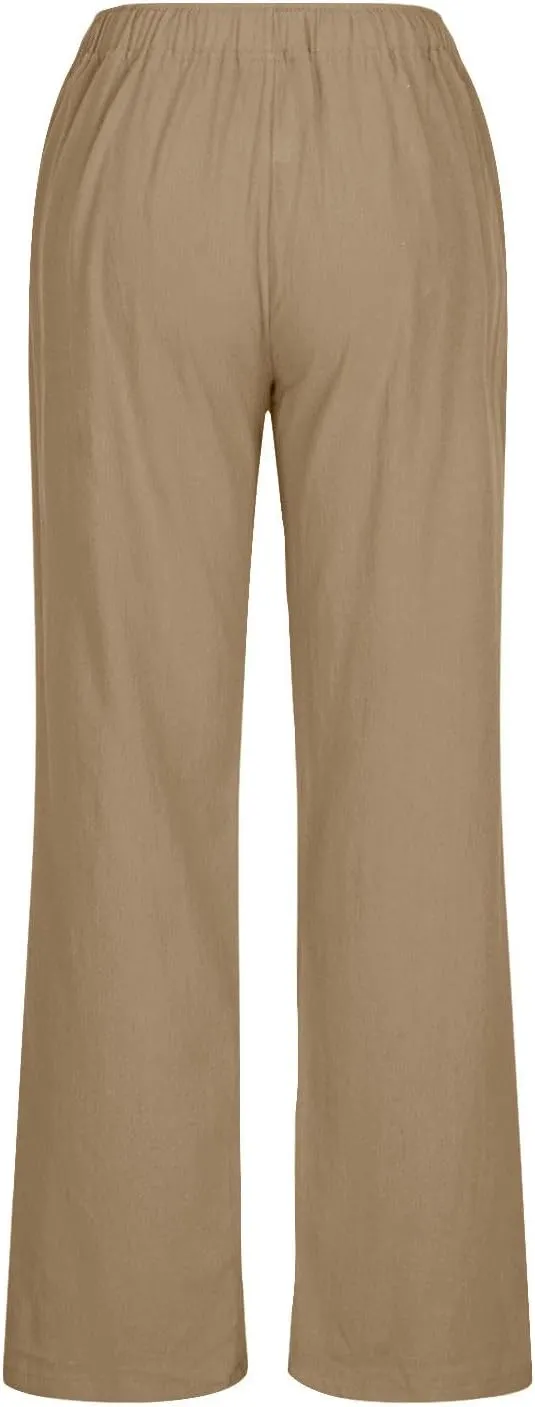 Womens Summer Cotton Pants Dressy Casual High Waisted Drawstring Lounge Trousers Loose Wide Legged Flwoy Beach Pant