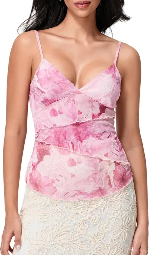 Women's Summer Spaghetti Strap Floral Cami Tops V Neck Sleeveless Slim Fit Cute Shirt Y2k Going Out Top Camisole