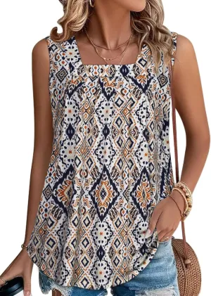Womens Tank Tops Summer Square Neck Pleated Sleeveless Top Casual Loose Fit Basic Shirts