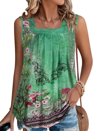 Womens Tank Tops Summer Square Neck Pleated Sleeveless Top Casual Loose Fit Basic Shirts