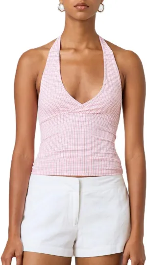 Women's Tie Back Halter Deep V Neck Tank Tops Y2K Sleeveless Backless Tight Fit Cami Shirt Tops