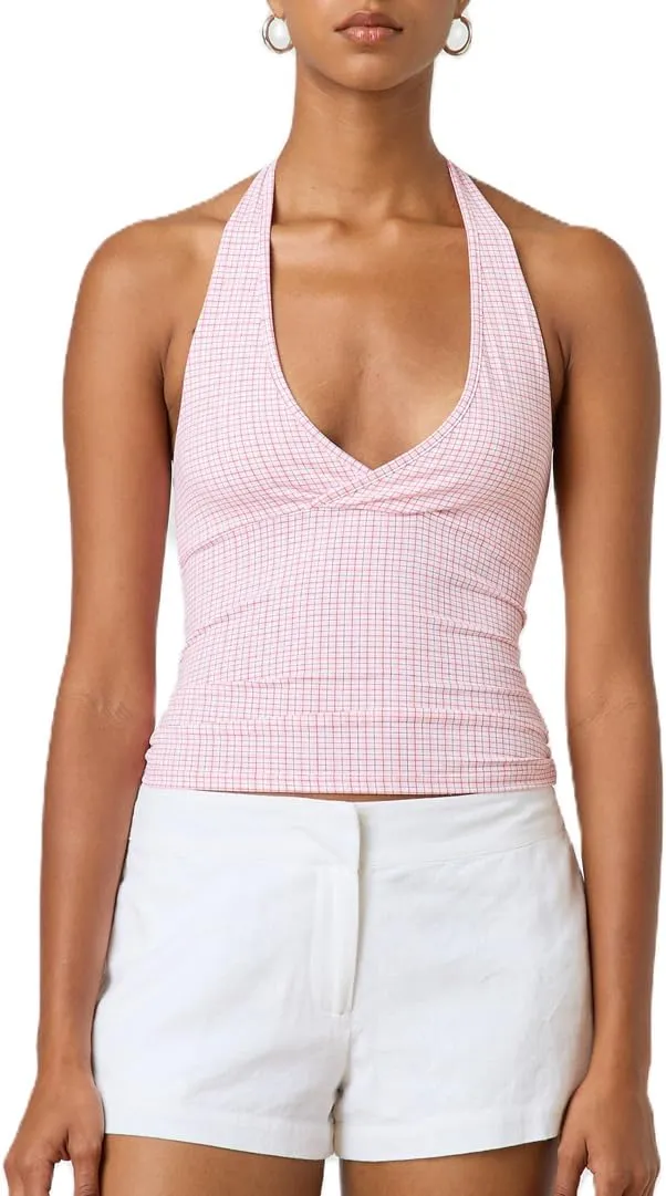 Women's Tie Back Halter Deep V Neck Tank Tops Y2K Sleeveless Backless Tight Fit Cami Shirt Tops