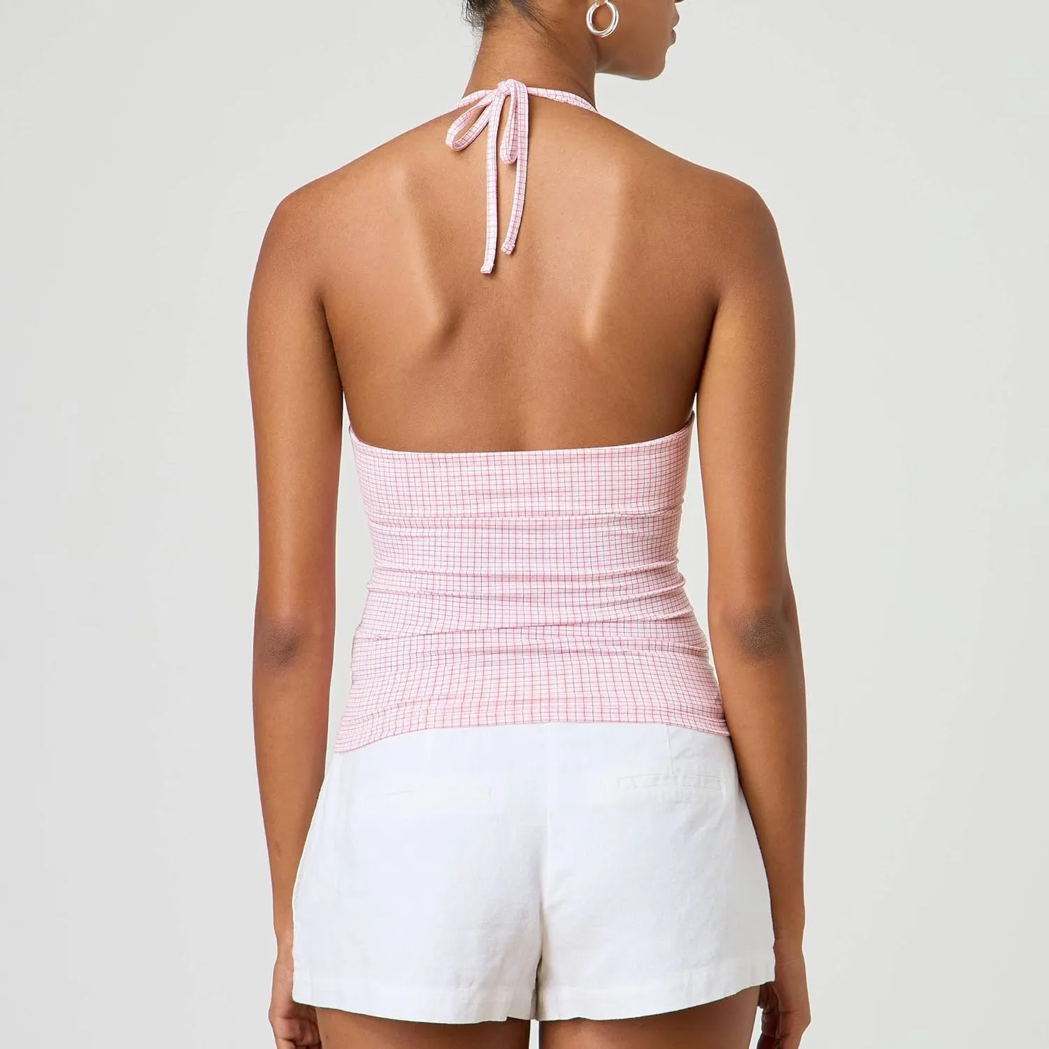Women's Tie Back Halter Deep V Neck Tank Tops Y2K Sleeveless Backless Tight Fit Cami Shirt Tops