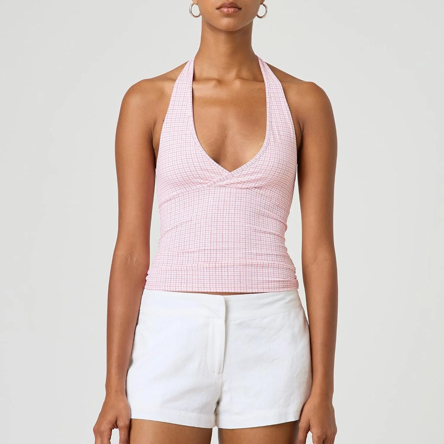 Women's Tie Back Halter Deep V Neck Tank Tops Y2K Sleeveless Backless Tight Fit Cami Shirt Tops