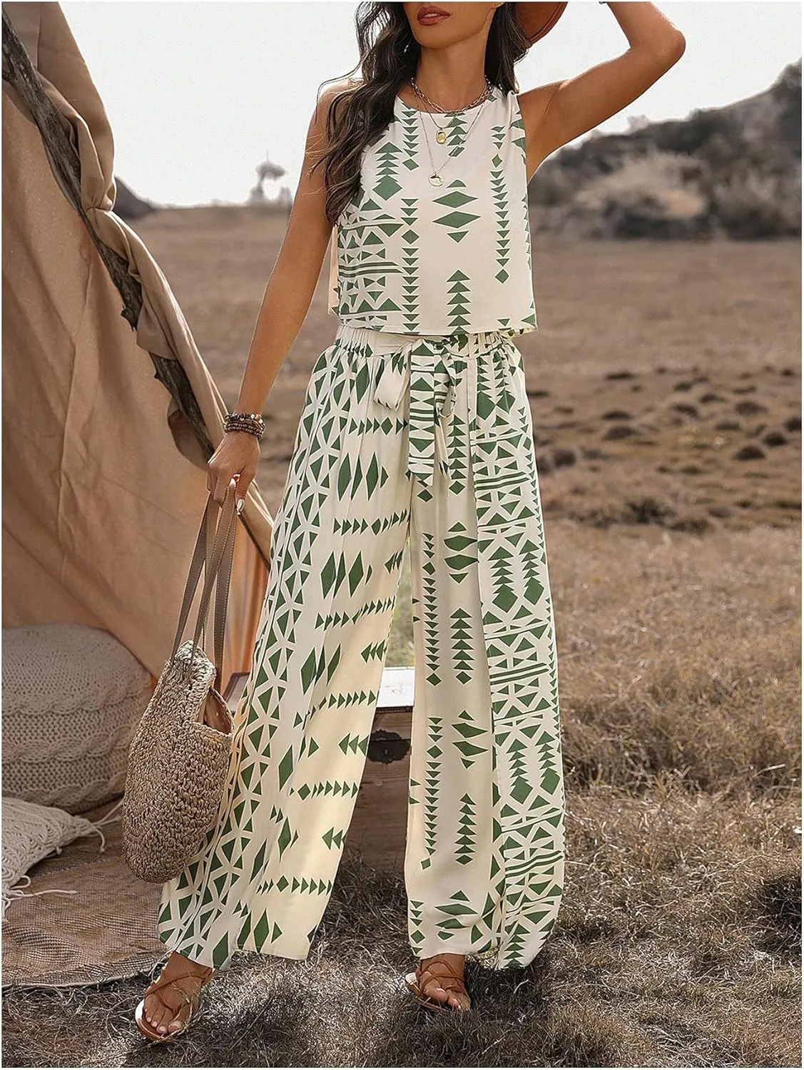 Women's Two Piece Outfit Geometric Print Sleeveless Round Neck Camisole Tank Top and Pants Sets