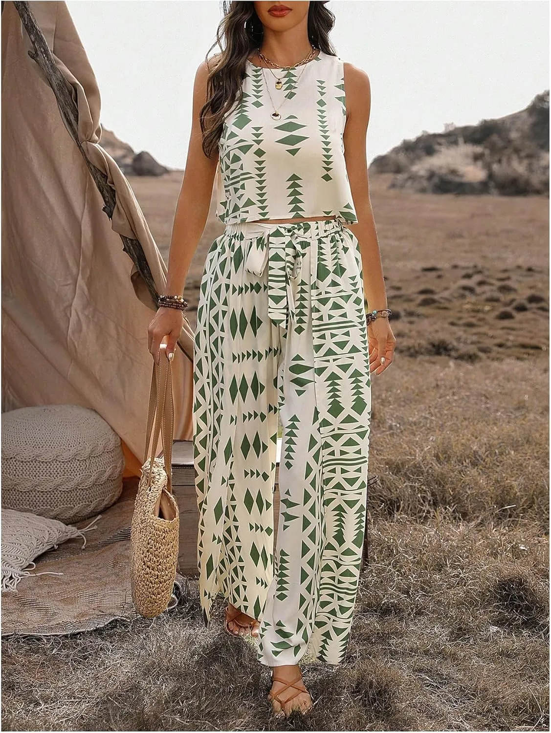 Women's Two Piece Outfit Geometric Print Sleeveless Round Neck Camisole Tank Top and Pants Sets