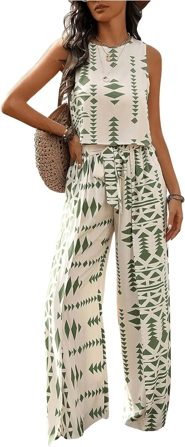 Women's Two Piece Outfit Geometric Print Sleeveless Round Neck Camisole Tank Top and Pants Sets