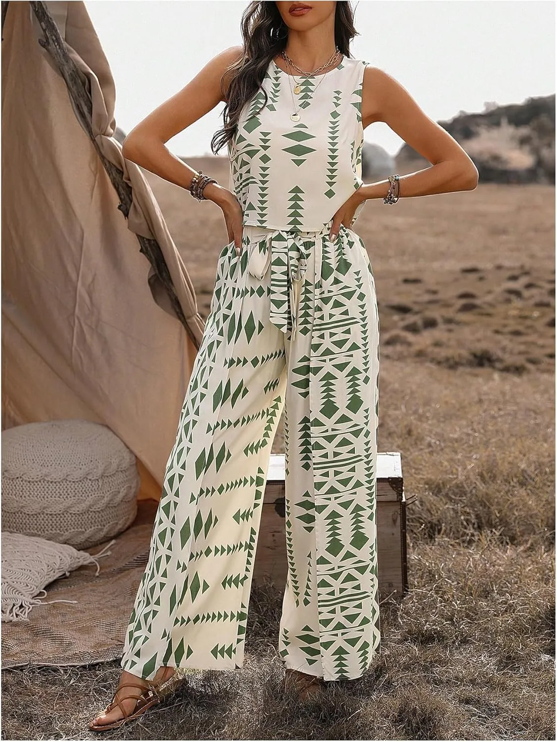 Women's Two Piece Outfit Geometric Print Sleeveless Round Neck Camisole Tank Top and Pants Sets