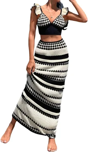 Womens Two Piece Summer Outfits Color Block Sleeveless Deep V Neck Tank Tops and Long Skirt Set Beach Clothes