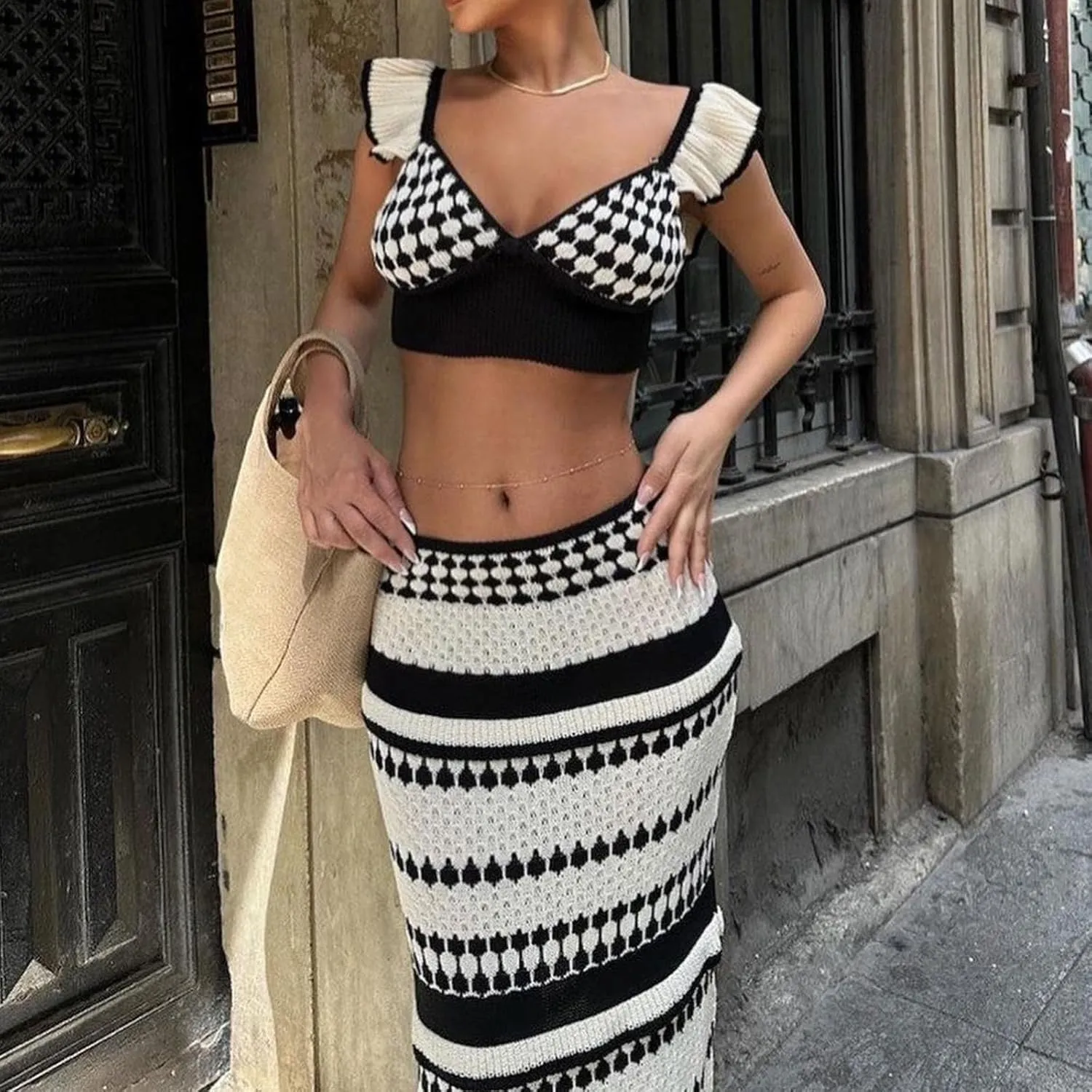 Womens Two Piece Summer Outfits Color Block Sleeveless Deep V Neck Tank Tops and Long Skirt Set Beach Clothes