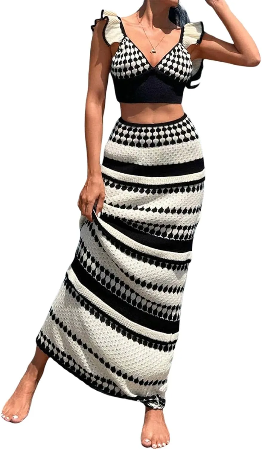 Womens Two Piece Summer Outfits Color Block Sleeveless Deep V Neck Tank Tops and Long Skirt Set Beach Clothes