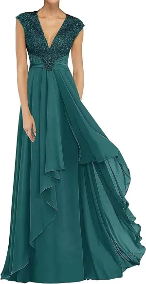 Women's V Neck Laces Appliques Mother of The Bride Dresses Sleeveless Chiffon Elegant Long Wedding Guest Gowns