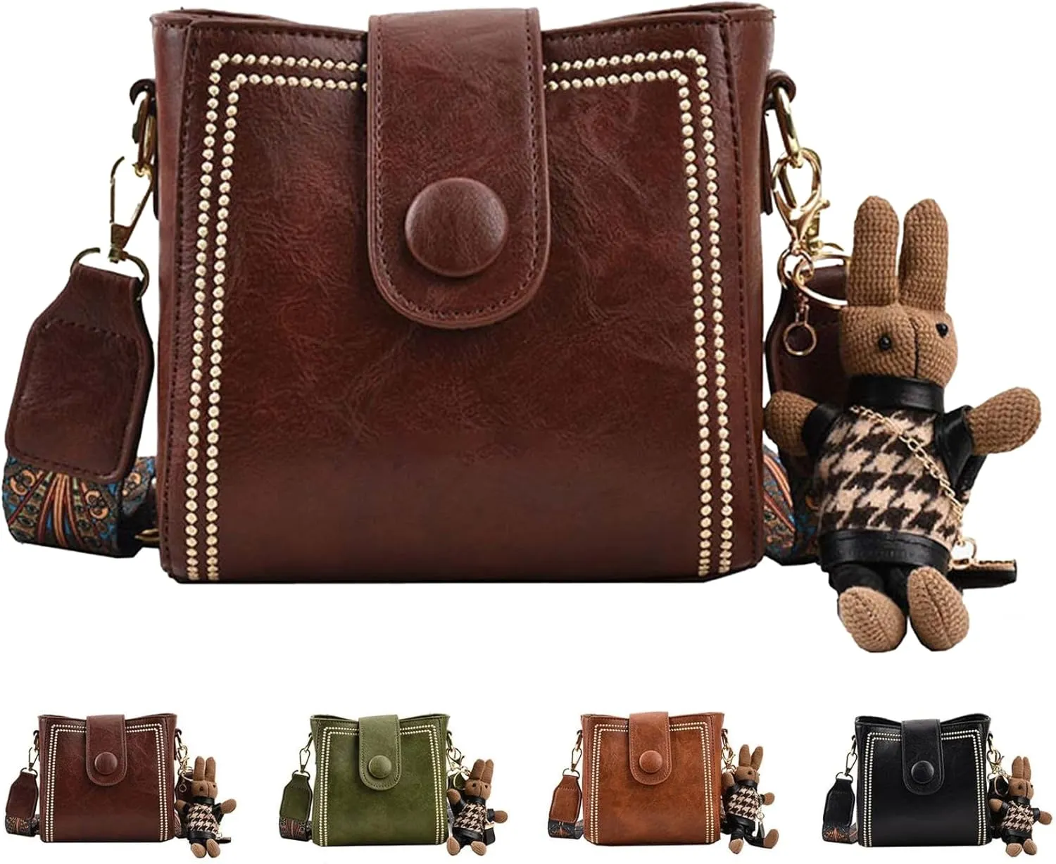 Women's Vintage Bunny Charm Bucket Bag  Convertible Shoulder Crossbody, Vintage Small Water Bucket Bag for Women