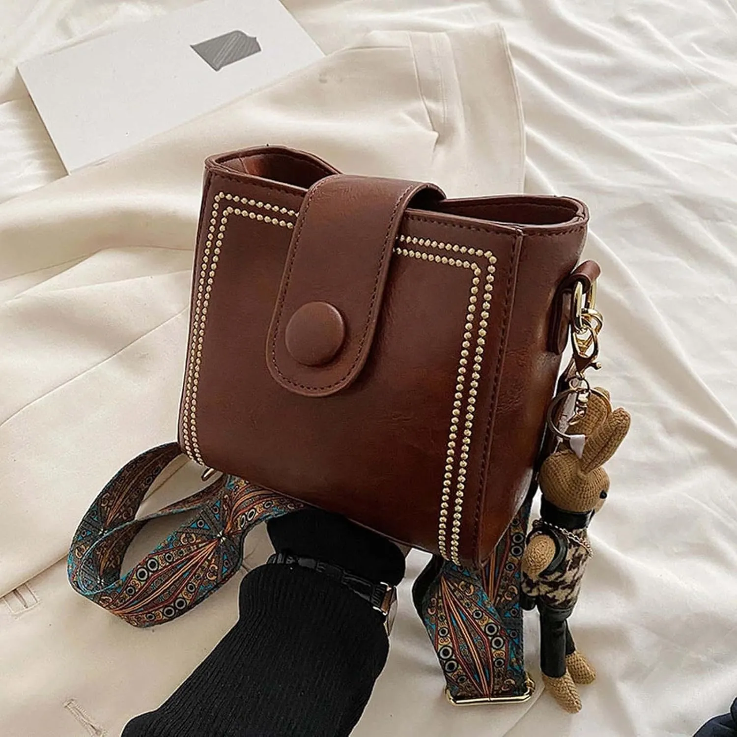 Women's Vintage Bunny Charm Bucket Bag  Convertible Shoulder Crossbody, Vintage Small Water Bucket Bag for Women