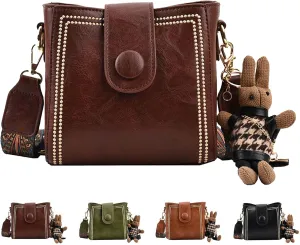 Women's Vintage Bunny Charm Bucket Bag  Convertible Shoulder Crossbody, Vintage Small Water Bucket Bag for Women