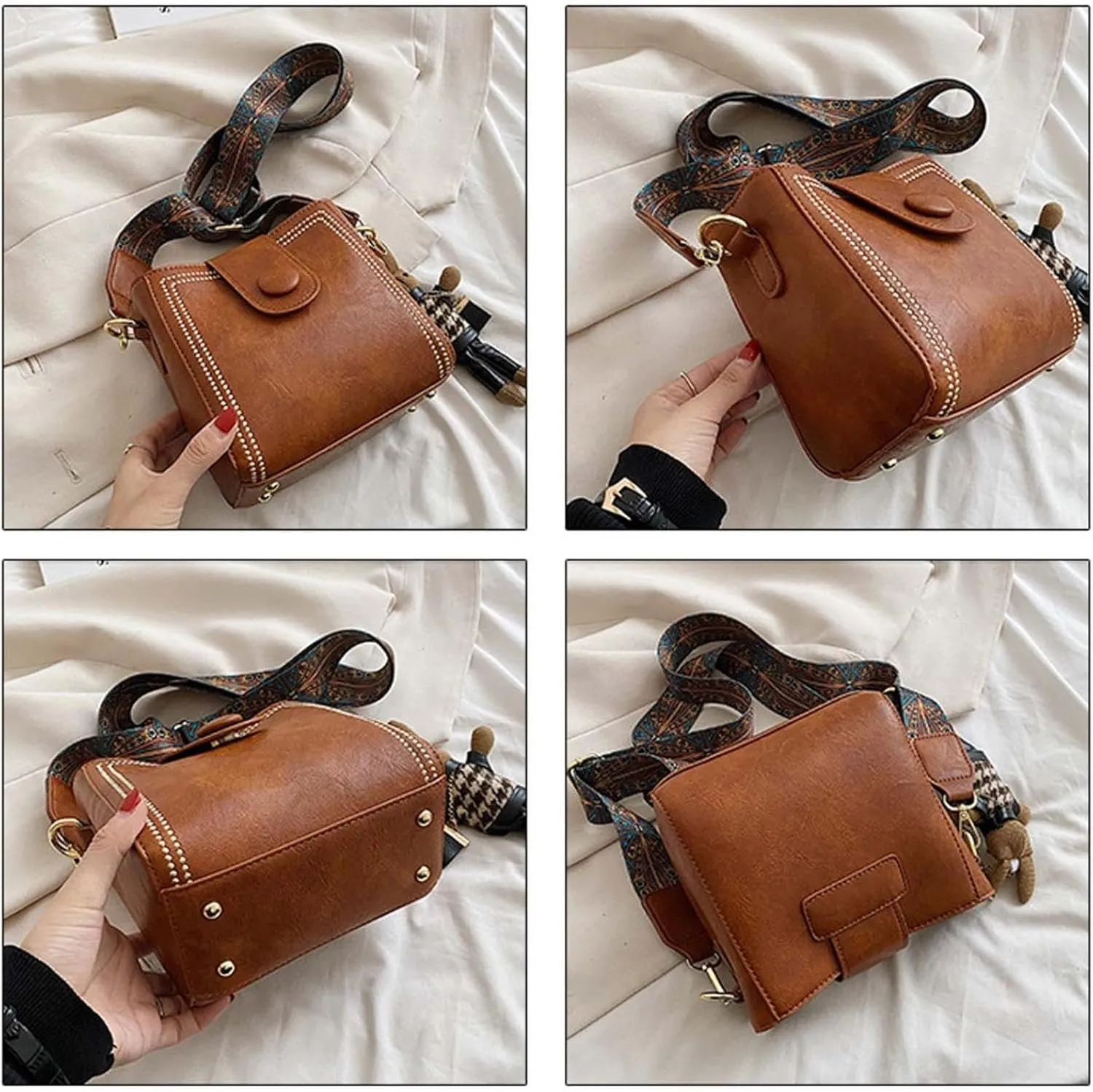 Women's Vintage Bunny Charm Bucket Bag  Convertible Shoulder Crossbody, Vintage Small Water Bucket Bag for Women