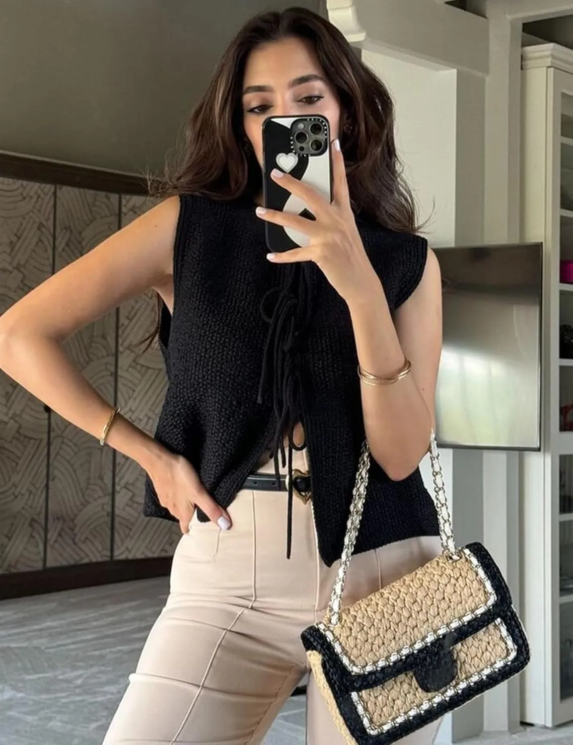 Wyeysyt Womens Crochet Sweater Vest Sleeveless Crew Neck Tie Front Tops Open Front Knit Cardigan