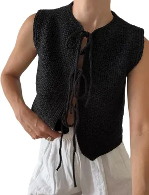 Wyeysyt Womens Crochet Sweater Vest Sleeveless Crew Neck Tie Front Tops Open Front Knit Cardigan