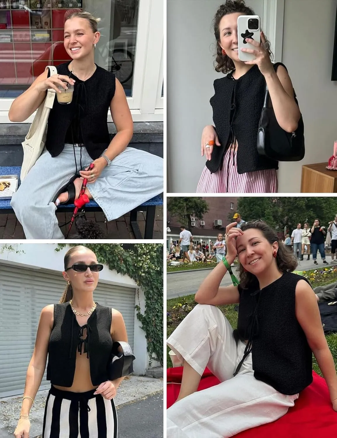 Wyeysyt Womens Crochet Sweater Vest Sleeveless Crew Neck Tie Front Tops Open Front Knit Cardigan