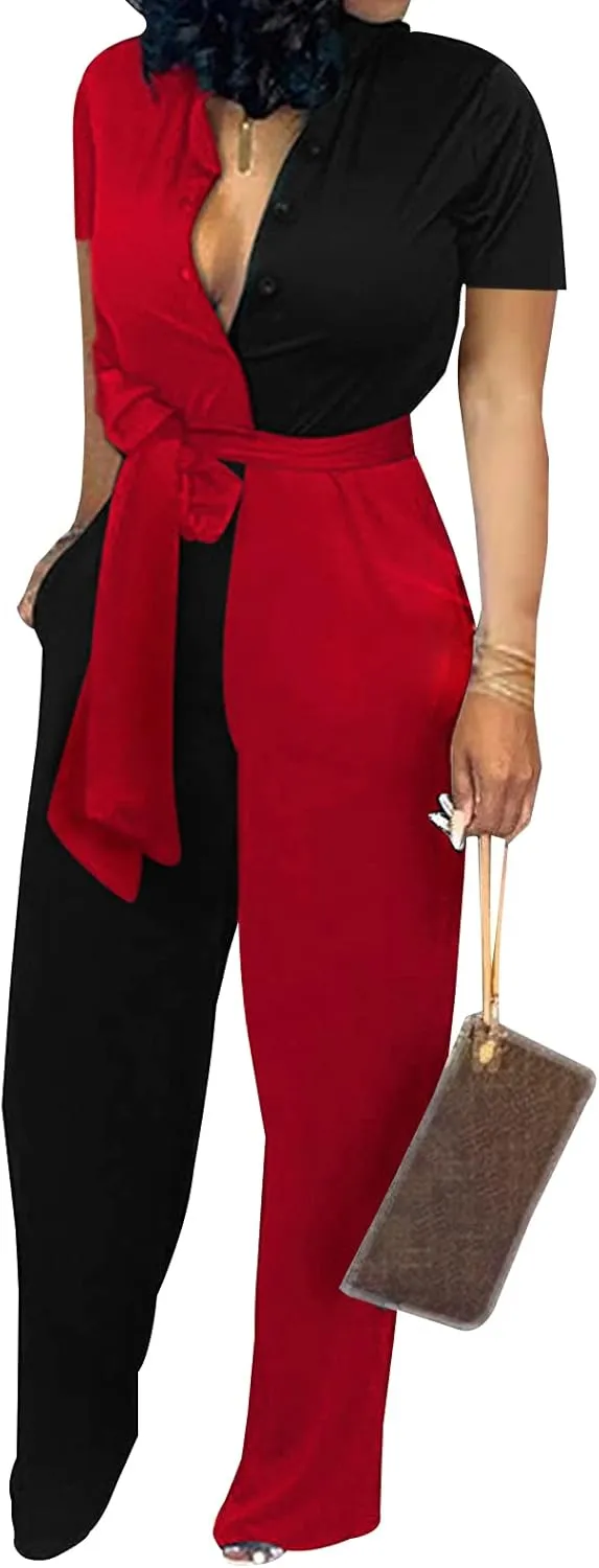 Xinlees Womens Elegant Jumpsuits Casual Short Sleeve Fashion Print Long Pants Rompers Straight Club Outfits