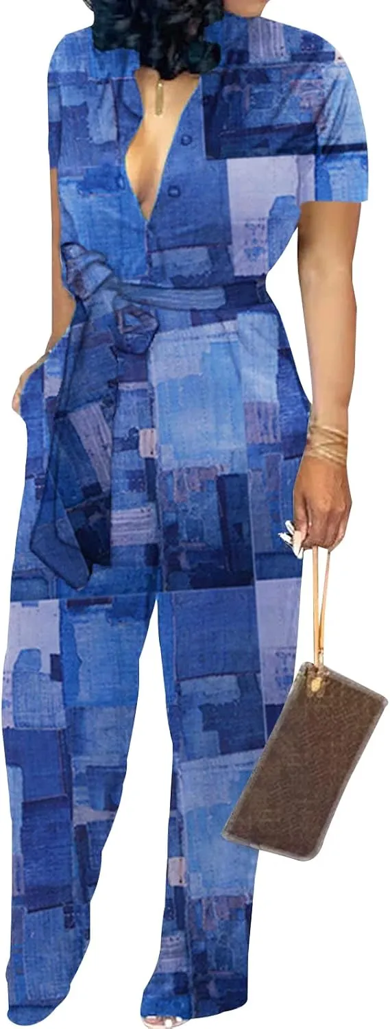 Xinlees Womens Elegant Jumpsuits Casual Short Sleeve Fashion Print Long Pants Rompers Straight Club Outfits